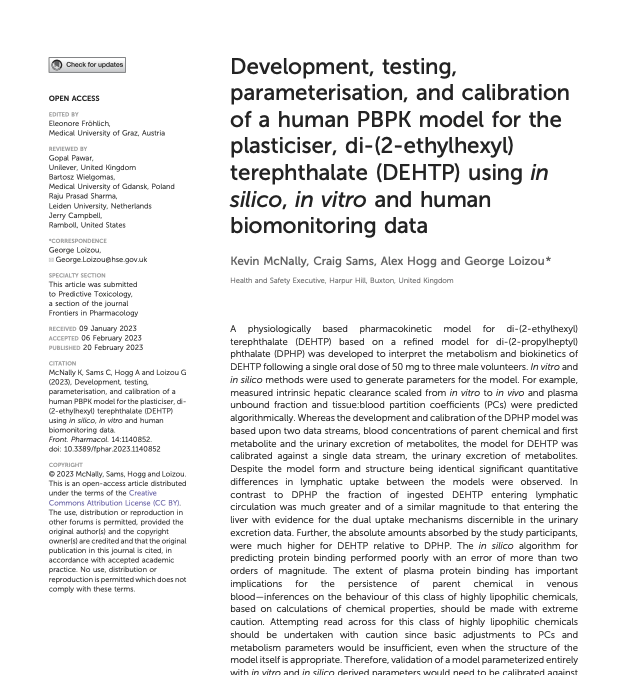 Development, testing, parameterisation, and calibration of a human PBPK model for the plasticiser, di-(2-ethylhexyl) terephthalate (DEHTP) using in silico, in vitro and human biomonitoring data
