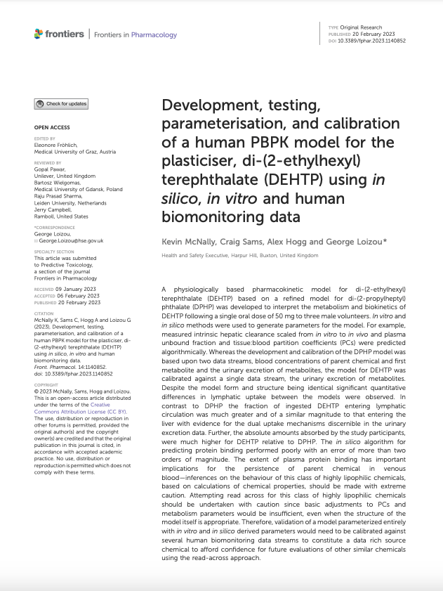 Development, testing, parameterisation, and calibration of a human PBPK model for the plasticiser, di-(2-ethylhexyl) terephthalate (DEHTP) using in silico, in vitro and human biomonitoring data