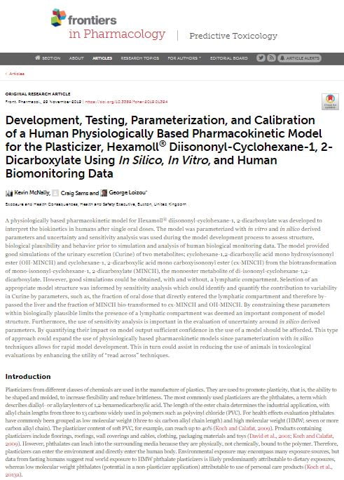 Study of a Human Physiologically Based Pharmacokinetic Model for the Plasticiser, Hexamoll® DINCH