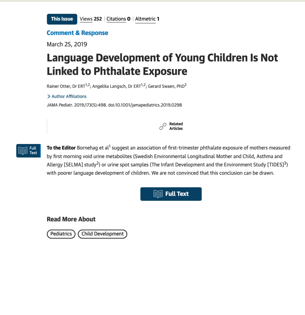 Language Development of Young Children Is Not Linked to Phthalate Exposure