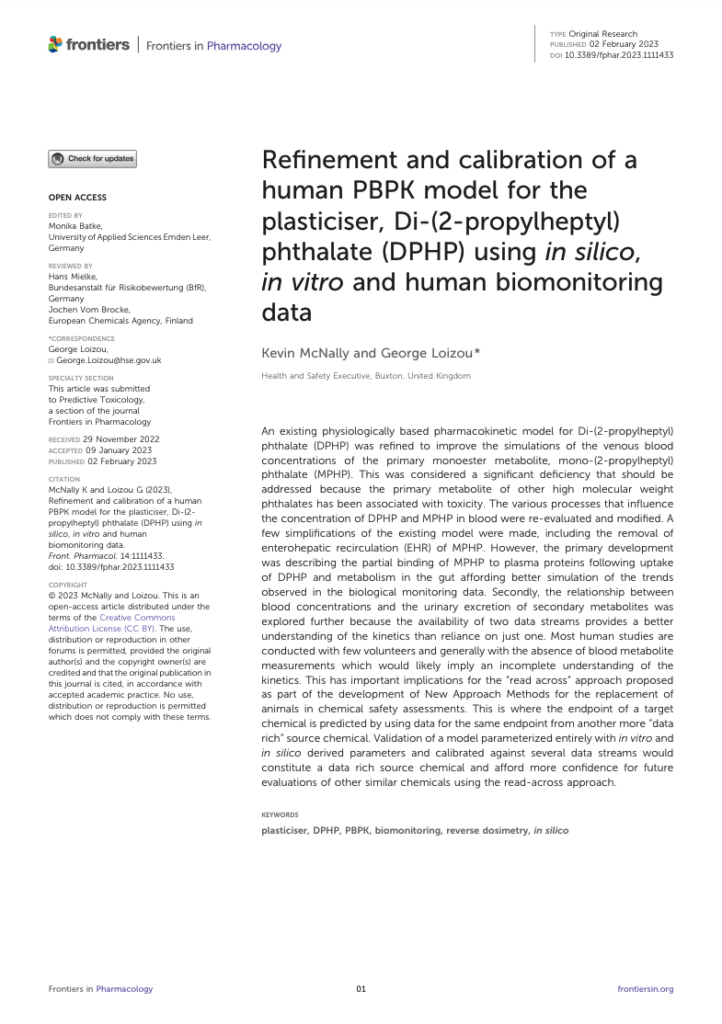 Refinement and calibration of a human PBPK model for the plasticiser, Di-(2-propylheptyl) phthalate (DPHP) using in silico, in vitro and human biomonitoring data