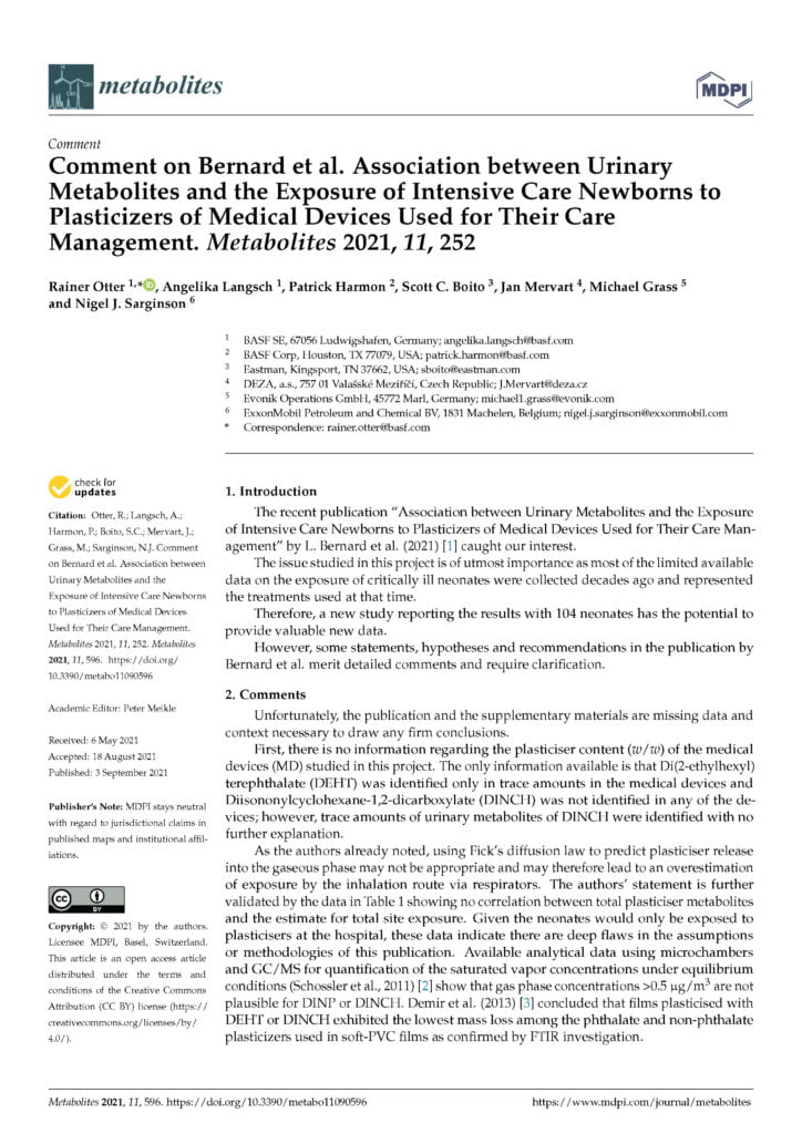 Comment on Bernard et al. Association between Urinary Metabolites and the Exposure of Intensive Care Newborns to Plasticizers of Medical Devices Used for Their Care Management. Metabolites 2021, 11, 252.